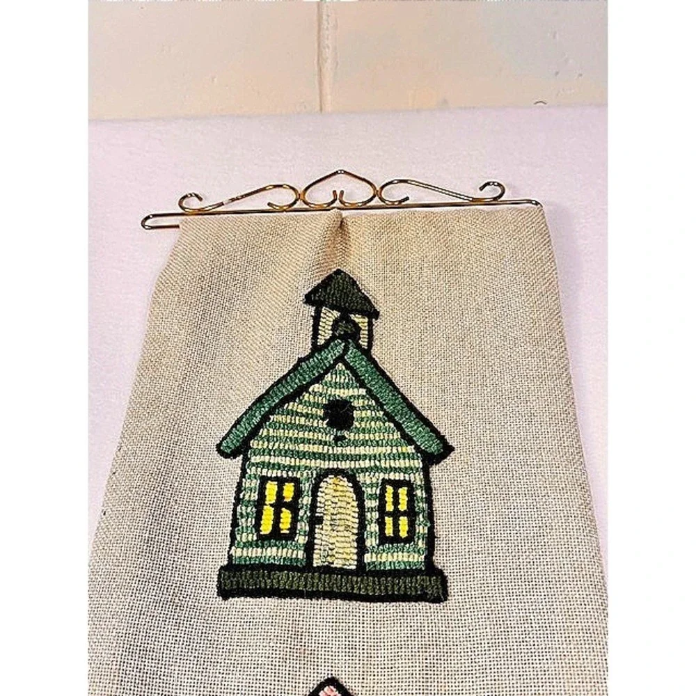 Vintage Needlepoint Birdhouse Bell Pull Wall Hanging Burlap Felt Cottagecore